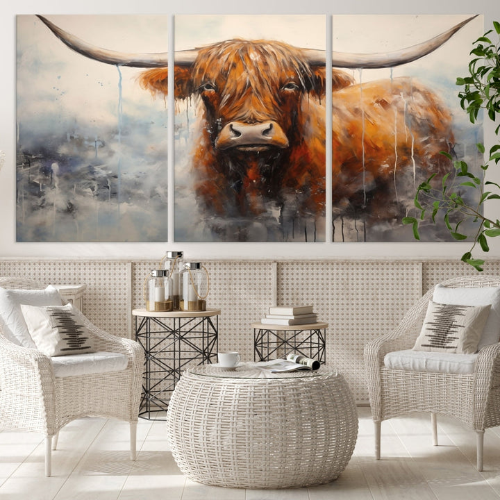 The stunning Scottish Highland Cow Canvas Wall Art enhances the room with its rustic decor. Its three-panel design features a longhorn animal theme, creating a striking presence on the dark wall.