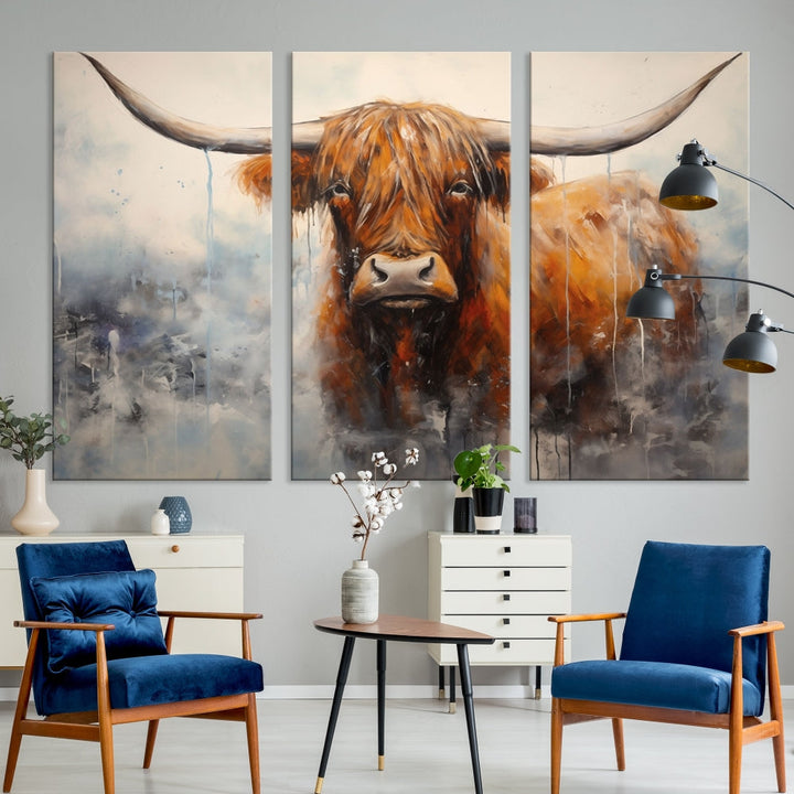 The stunning Scottish Highland Cow Canvas Wall Art enhances the room with its rustic decor. Its three-panel design features a longhorn animal theme, creating a striking presence on the dark wall.