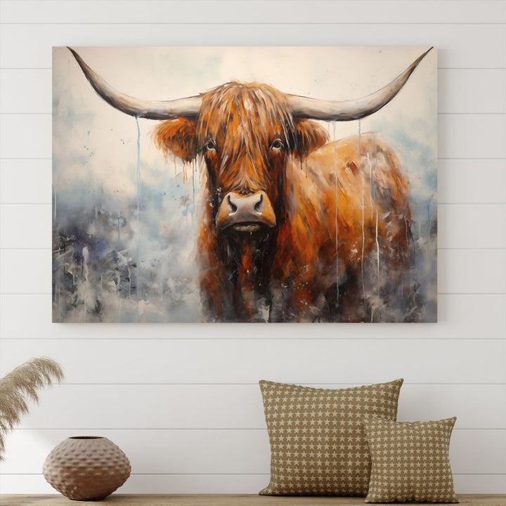 The stunning Scottish Highland Cow Canvas Wall Art enhances the room with its rustic decor. Its three-panel design features a longhorn animal theme, creating a striking presence on the dark wall.