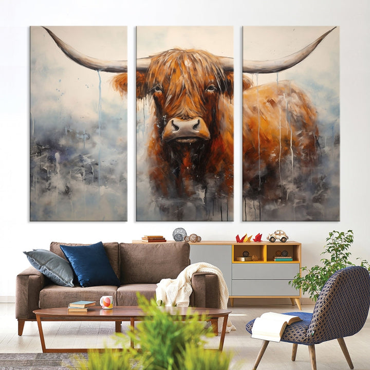 The stunning Scottish Highland Cow Canvas Wall Art enhances the room with its rustic decor. Its three-panel design features a longhorn animal theme, creating a striking presence on the dark wall.