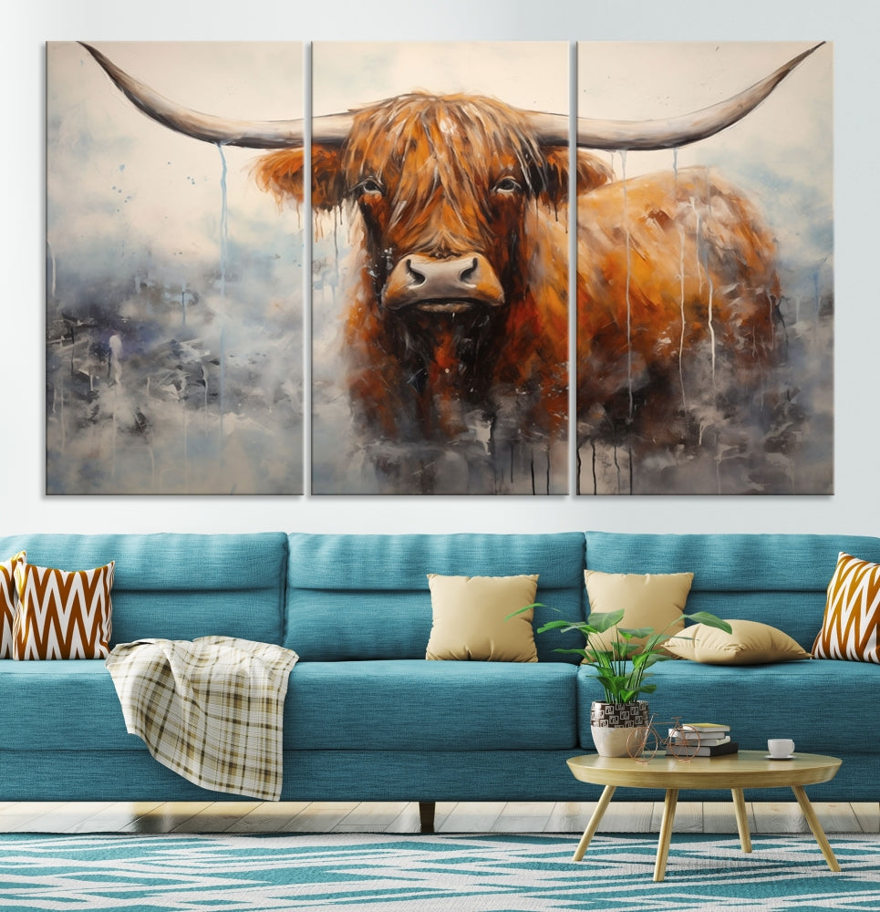 The stunning Scottish Highland Cow Canvas Wall Art enhances the room with its rustic decor. Its three-panel design features a longhorn animal theme, creating a striking presence on the dark wall.