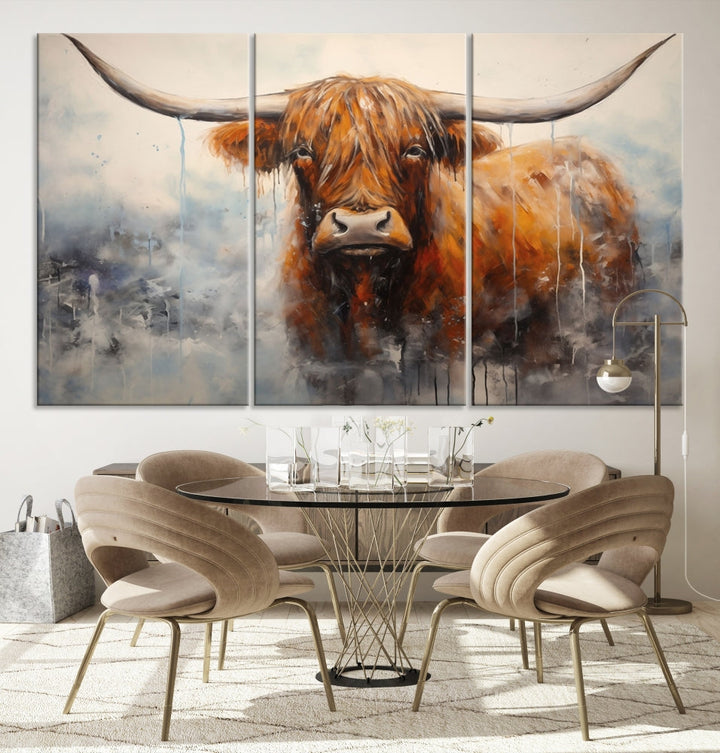 The stunning Scottish Highland Cow Canvas Wall Art enhances the room with its rustic decor. Its three-panel design features a longhorn animal theme, creating a striking presence on the dark wall.