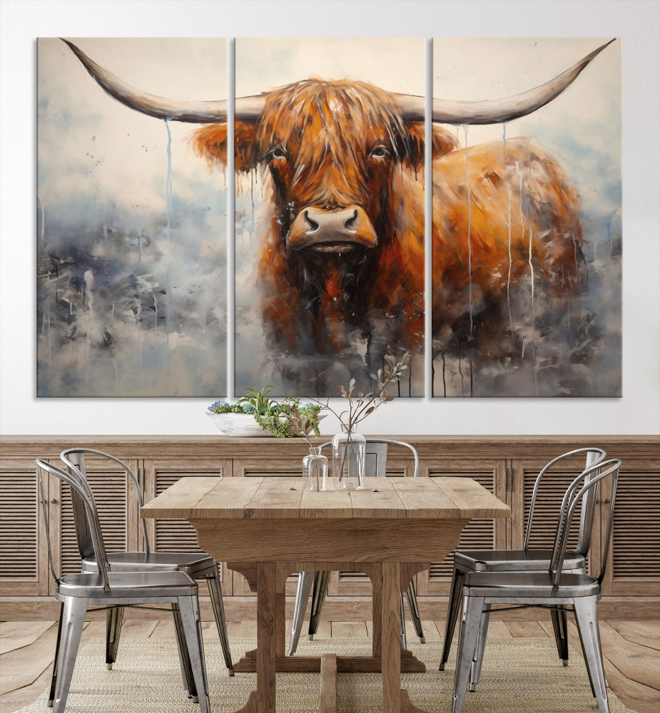 The stunning Scottish Highland Cow Canvas Wall Art enhances the room with its rustic decor. Its three-panel design features a longhorn animal theme, creating a striking presence on the dark wall.