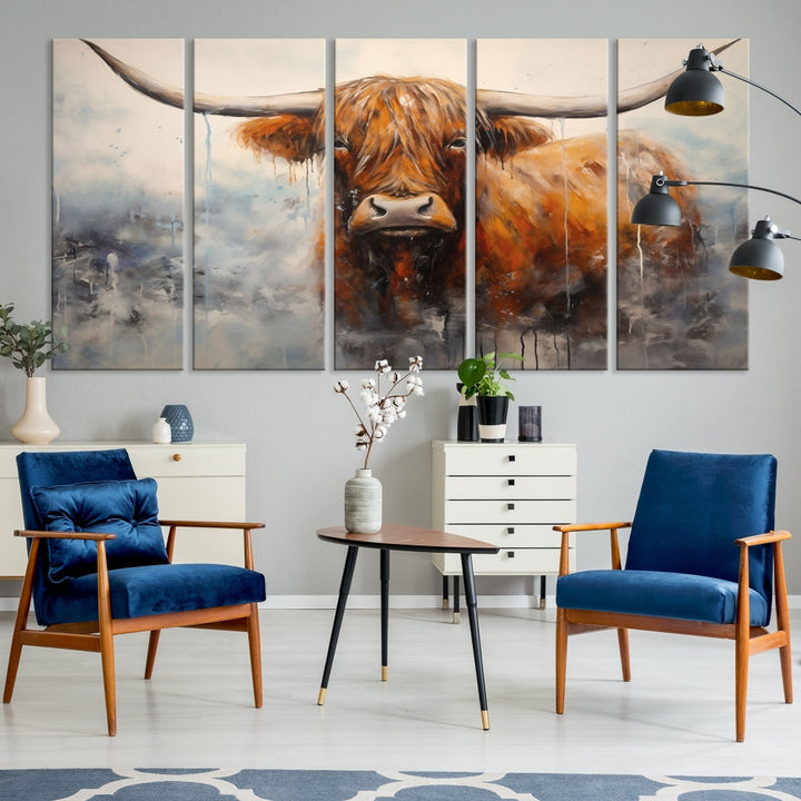 The stunning Scottish Highland Cow Canvas Wall Art enhances the room with its rustic decor. Its three-panel design features a longhorn animal theme, creating a striking presence on the dark wall.