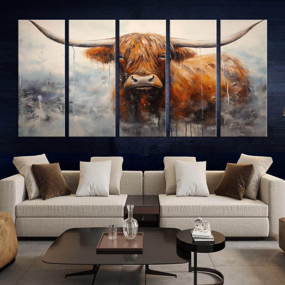 The stunning Scottish Highland Cow Canvas Wall Art enhances the room with its rustic decor. Its three-panel design features a longhorn animal theme, creating a striking presence on the dark wall.