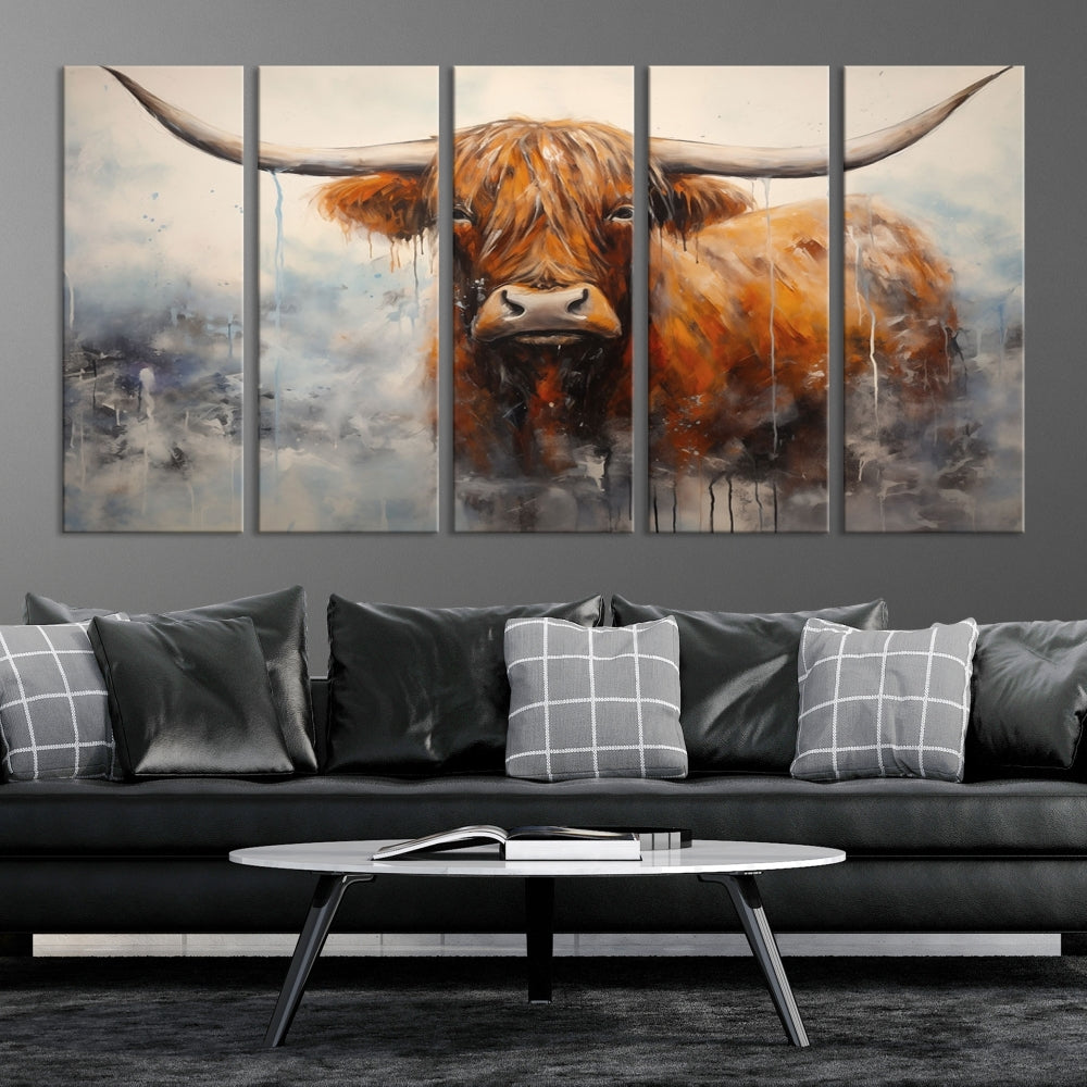 The stunning Scottish Highland Cow Canvas Wall Art enhances the room with its rustic decor. Its three-panel design features a longhorn animal theme, creating a striking presence on the dark wall.