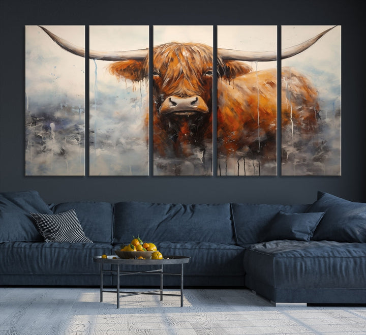 The stunning Scottish Highland Cow Canvas Wall Art enhances the room with its rustic decor. Its three-panel design features a longhorn animal theme, creating a striking presence on the dark wall.