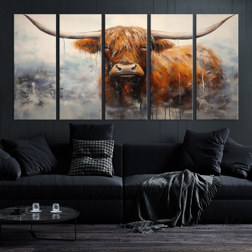 The stunning Scottish Highland Cow Canvas Wall Art enhances the room with its rustic decor. Its three-panel design features a longhorn animal theme, creating a striking presence on the dark wall.