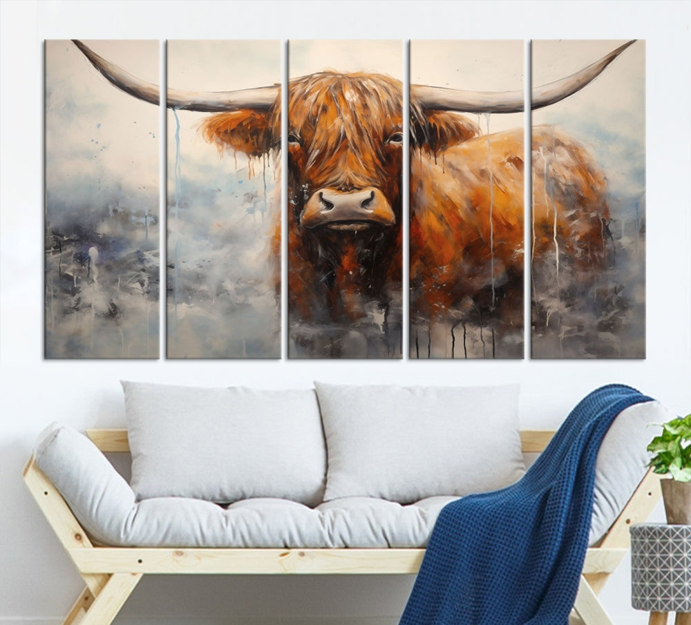 The stunning Scottish Highland Cow Canvas Wall Art enhances the room with its rustic decor. Its three-panel design features a longhorn animal theme, creating a striking presence on the dark wall.