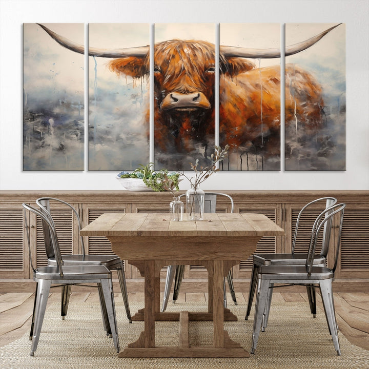 The stunning Scottish Highland Cow Canvas Wall Art enhances the room with its rustic decor. Its three-panel design features a longhorn animal theme, creating a striking presence on the dark wall.