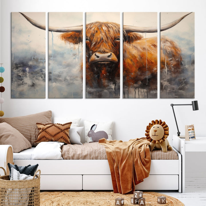 The stunning Scottish Highland Cow Canvas Wall Art enhances the room with its rustic decor. Its three-panel design features a longhorn animal theme, creating a striking presence on the dark wall.