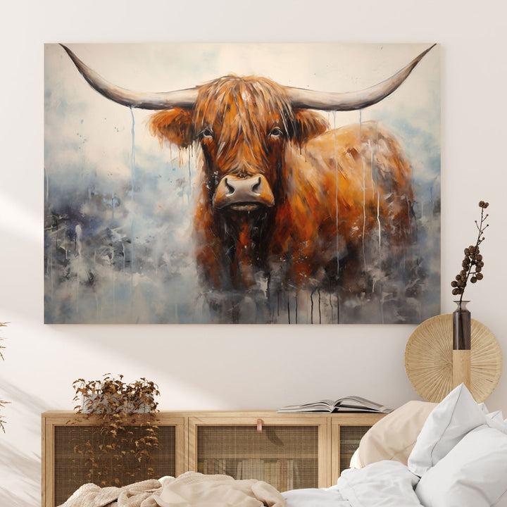 The stunning Scottish Highland Cow Canvas Wall Art enhances the room with its rustic decor. Its three-panel design features a longhorn animal theme, creating a striking presence on the dark wall.