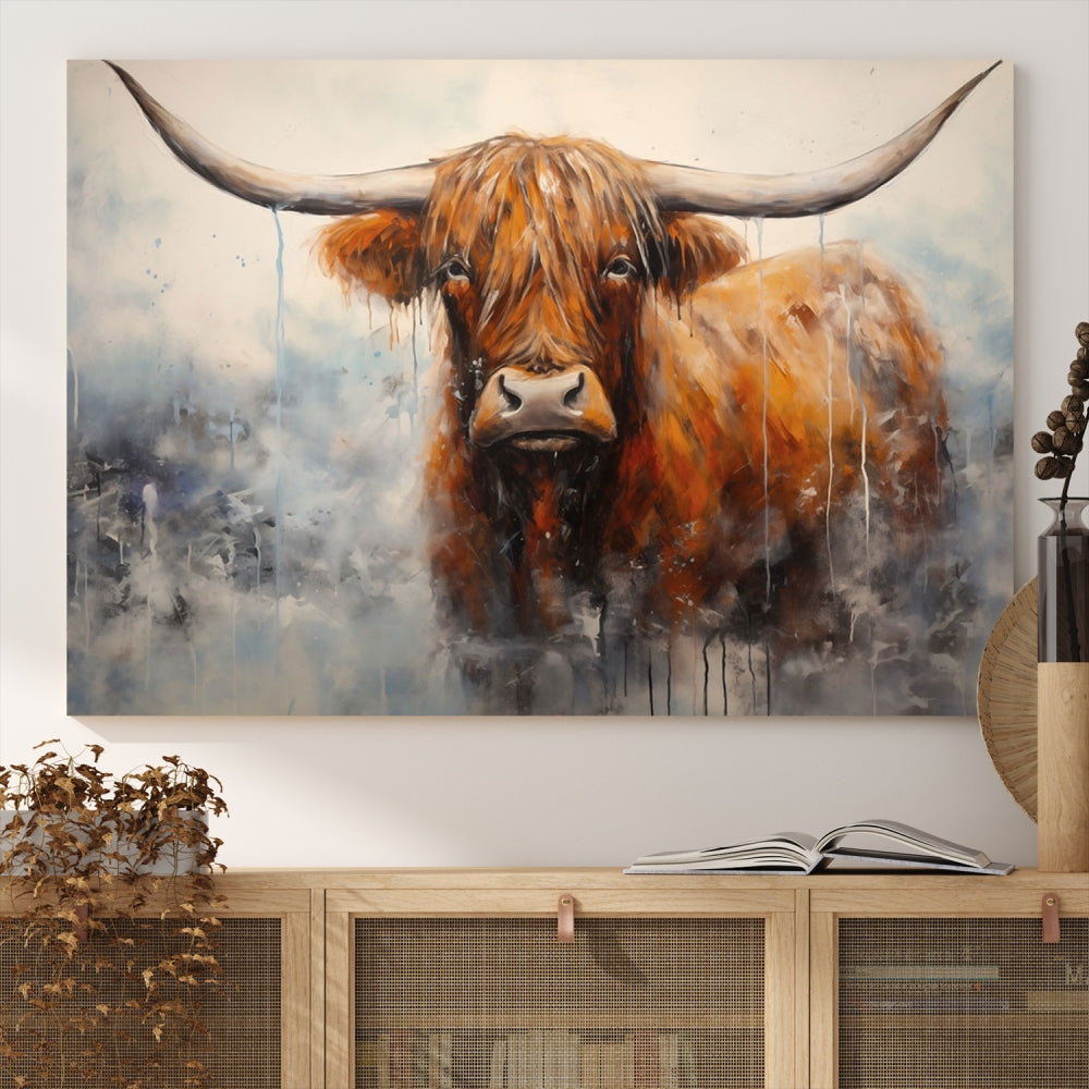 The stunning Scottish Highland Cow Canvas Wall Art enhances the room with its rustic decor. Its three-panel design features a longhorn animal theme, creating a striking presence on the dark wall.