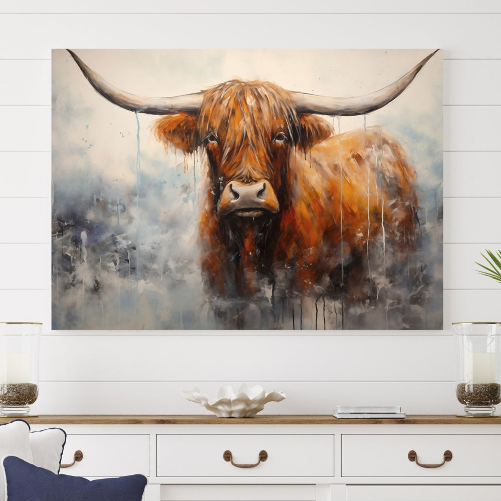 The stunning Scottish Highland Cow Canvas Wall Art enhances the room with its rustic decor. Its three-panel design features a longhorn animal theme, creating a striking presence on the dark wall.