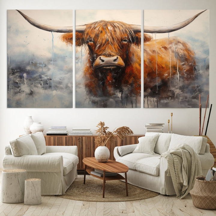 The stunning Scottish Highland Cow Canvas Wall Art enhances the room with its rustic decor. Its three-panel design features a longhorn animal theme, creating a striking presence on the dark wall.