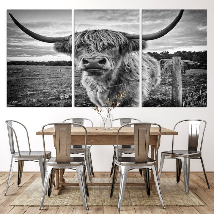 The "Scottish Highland Cow Canvas Wall Art Farmhouse Decor" adds a touch of rustic charm to your living room wall above the couch.