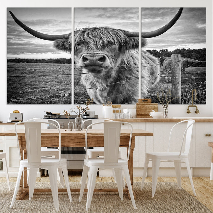 The "Scottish Highland Cow Canvas Wall Art Farmhouse Decor" adds a touch of rustic charm to your living room wall above the couch.