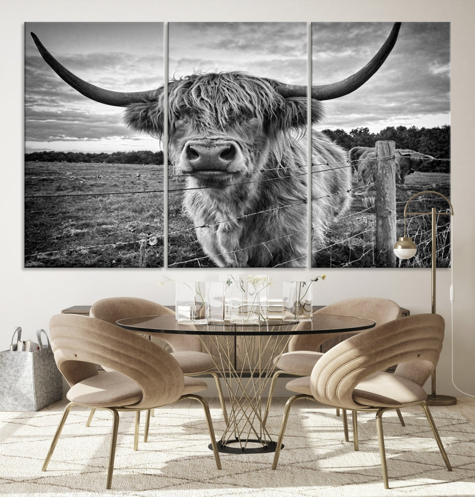 The "Scottish Highland Cow Canvas Wall Art Farmhouse Decor" adds a touch of rustic charm to your living room wall above the couch.