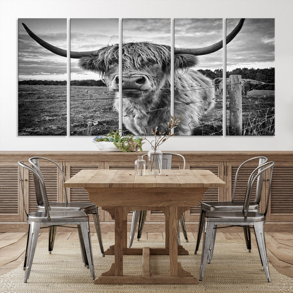 The "Scottish Highland Cow Canvas Wall Art Farmhouse Decor" adds a touch of rustic charm to your living room wall above the couch.