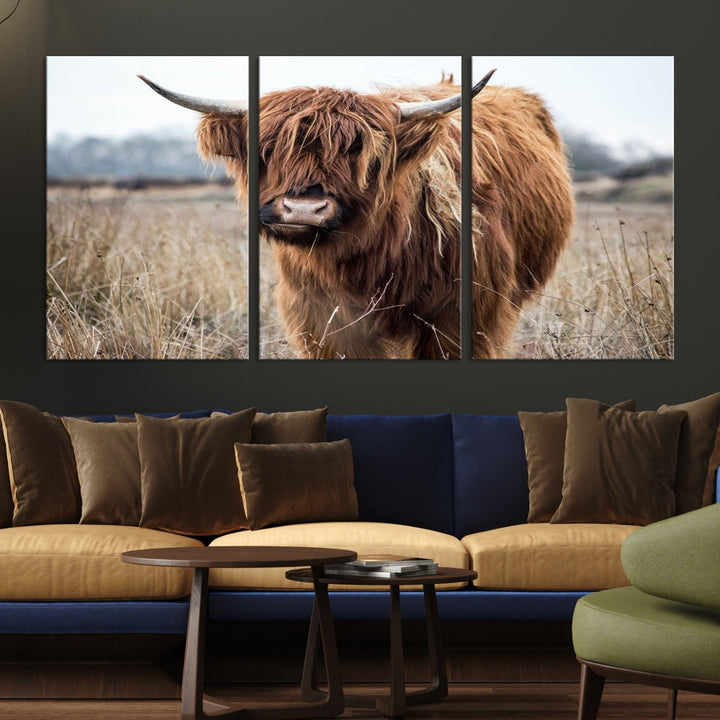 The modern farmhouse aesthetic comes to life with the Scottish Highland Cow Canvas Wall Art, featuring rustic charm and a breathtaking depiction of highland cattle in a natural setting.