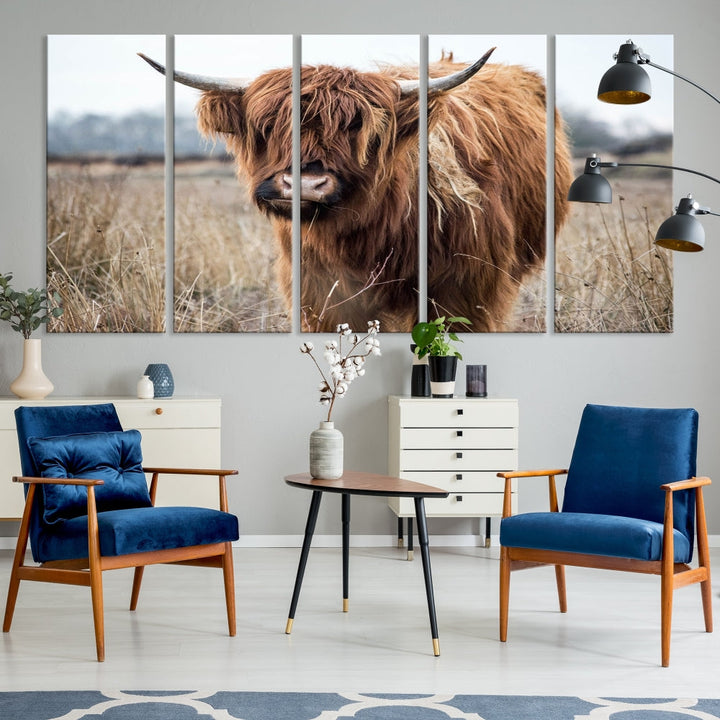 The modern farmhouse aesthetic comes to life with the Scottish Highland Cow Canvas Wall Art, featuring rustic charm and a breathtaking depiction of highland cattle in a natural setting.