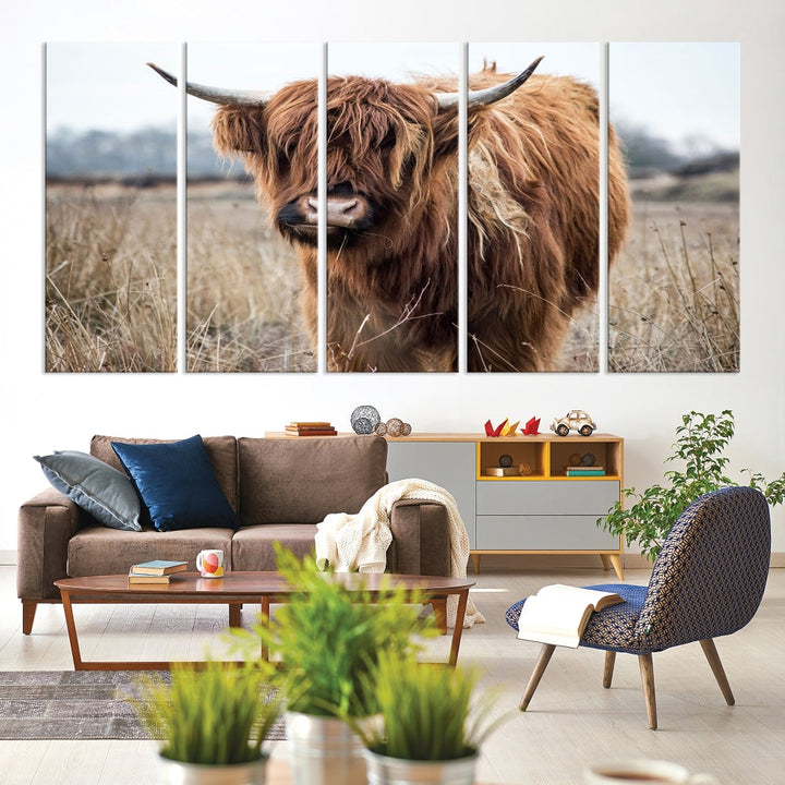 The modern farmhouse aesthetic comes to life with the Scottish Highland Cow Canvas Wall Art, featuring rustic charm and a breathtaking depiction of highland cattle in a natural setting.