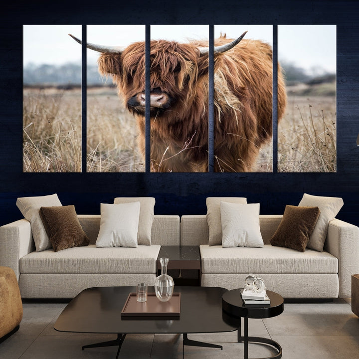 The modern farmhouse aesthetic comes to life with the Scottish Highland Cow Canvas Wall Art, featuring rustic charm and a breathtaking depiction of highland cattle in a natural setting.