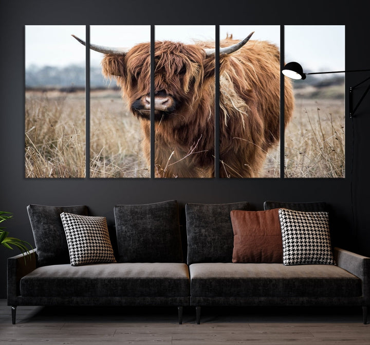 The modern farmhouse aesthetic comes to life with the Scottish Highland Cow Canvas Wall Art, featuring rustic charm and a breathtaking depiction of highland cattle in a natural setting.