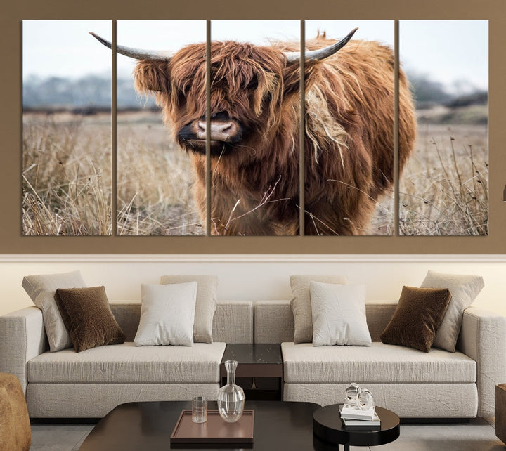 The modern farmhouse aesthetic comes to life with the Scottish Highland Cow Canvas Wall Art, featuring rustic charm and a breathtaking depiction of highland cattle in a natural setting.