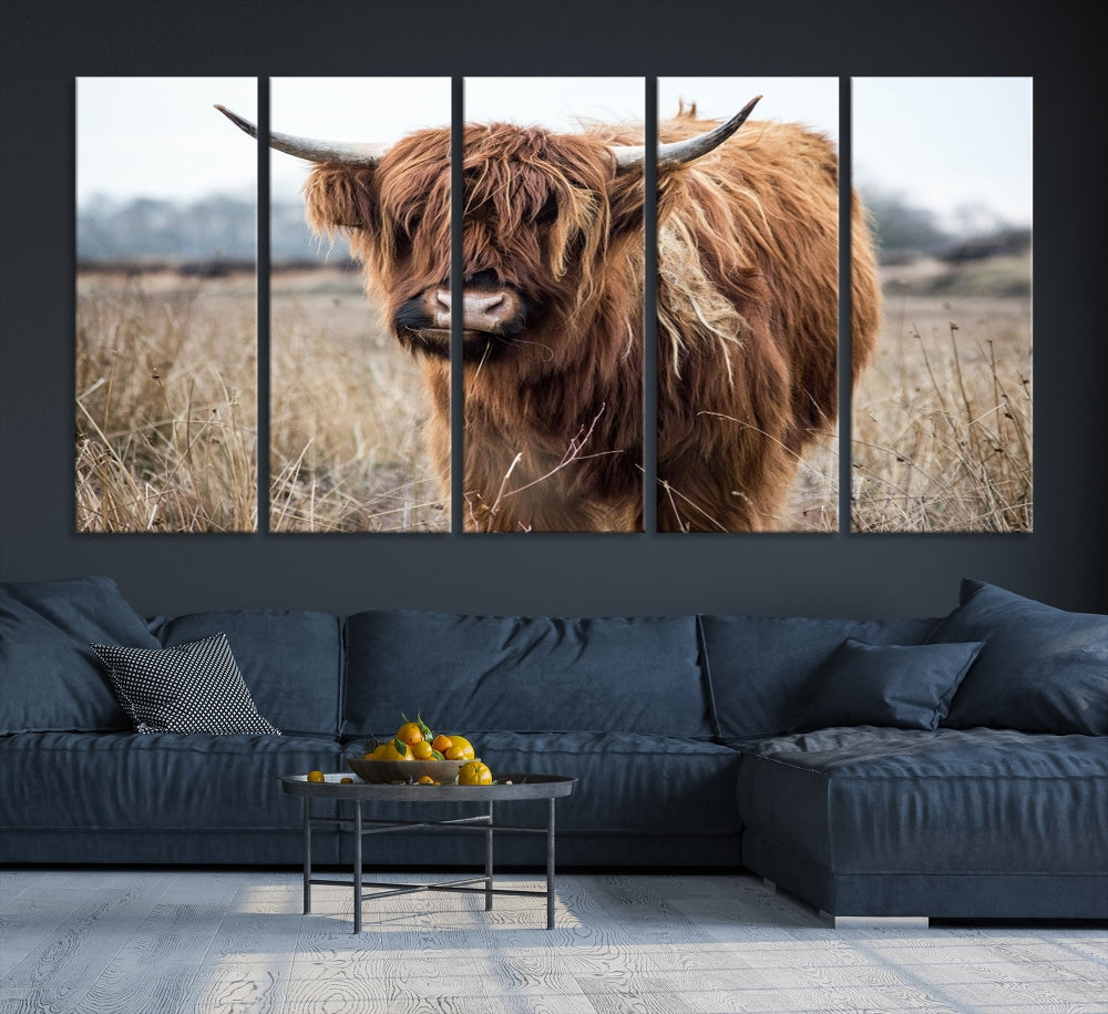 The modern farmhouse aesthetic comes to life with the Scottish Highland Cow Canvas Wall Art, featuring rustic charm and a breathtaking depiction of highland cattle in a natural setting.