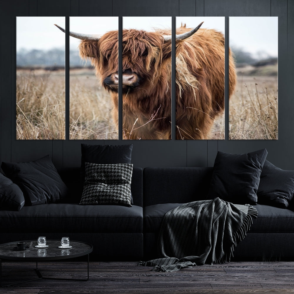 The modern farmhouse aesthetic comes to life with the Scottish Highland Cow Canvas Wall Art, featuring rustic charm and a breathtaking depiction of highland cattle in a natural setting.