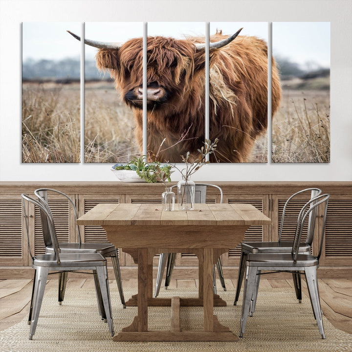 The modern farmhouse aesthetic comes to life with the Scottish Highland Cow Canvas Wall Art, featuring rustic charm and a breathtaking depiction of highland cattle in a natural setting.