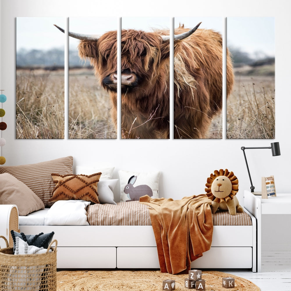 The modern farmhouse aesthetic comes to life with the Scottish Highland Cow Canvas Wall Art, featuring rustic charm and a breathtaking depiction of highland cattle in a natural setting.