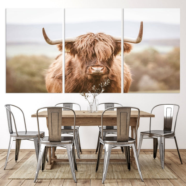 Canvas wall art featuring a Highland cow with long, shaggy fur in natural pastel tones, ready to hang.