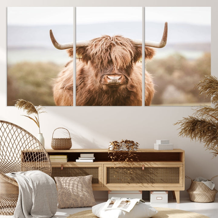 Canvas wall art featuring a Highland cow with long, shaggy fur in natural pastel tones, ready to hang.