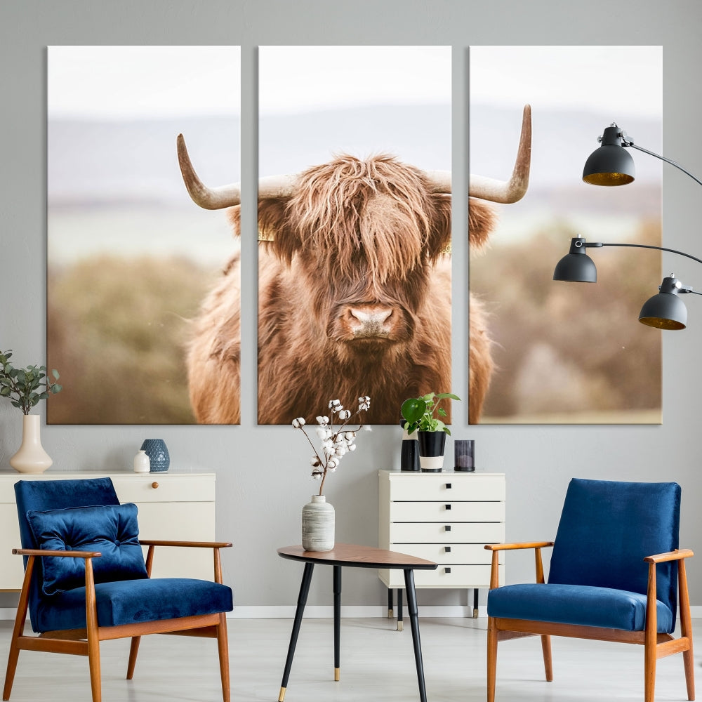 Canvas wall art featuring a Highland cow with long, shaggy fur in natural pastel tones, ready to hang.