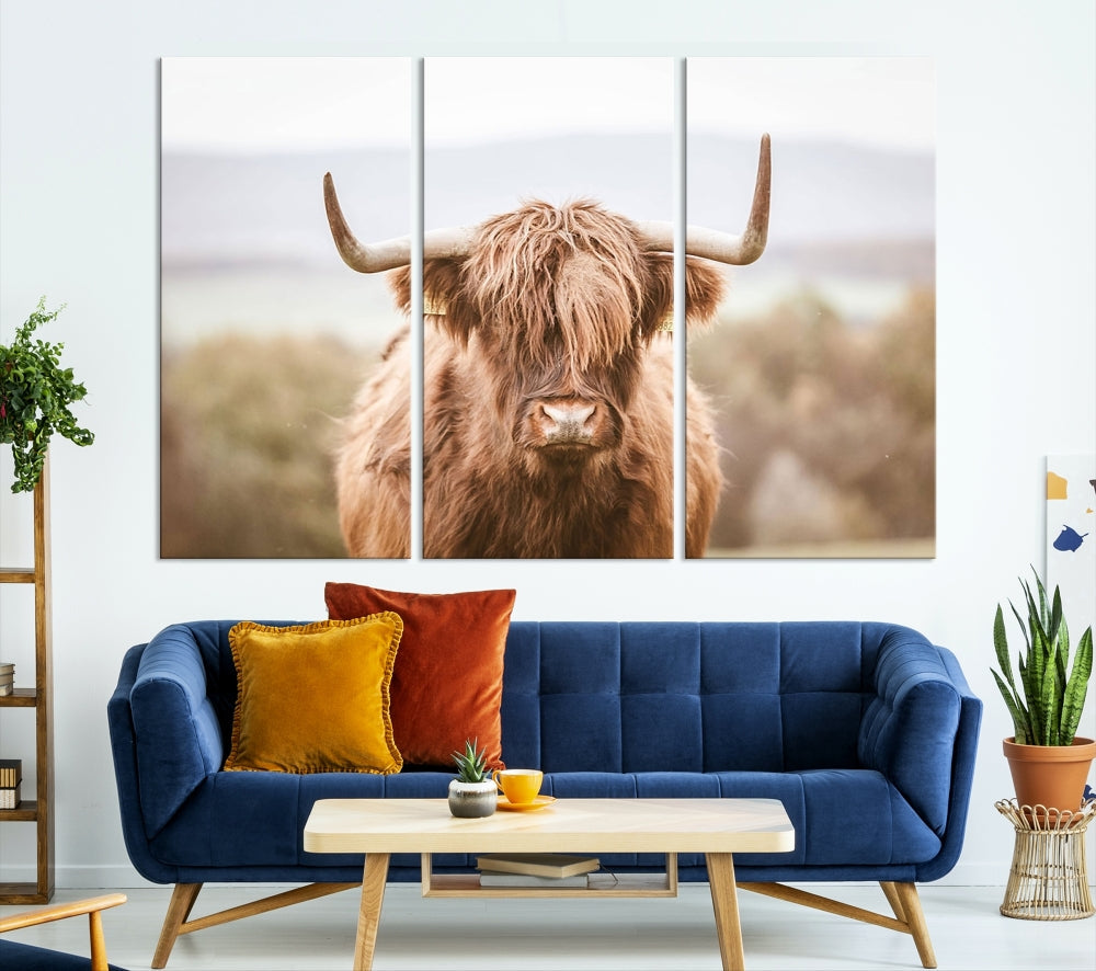 Canvas wall art featuring a Highland cow with long, shaggy fur in natural pastel tones, ready to hang.