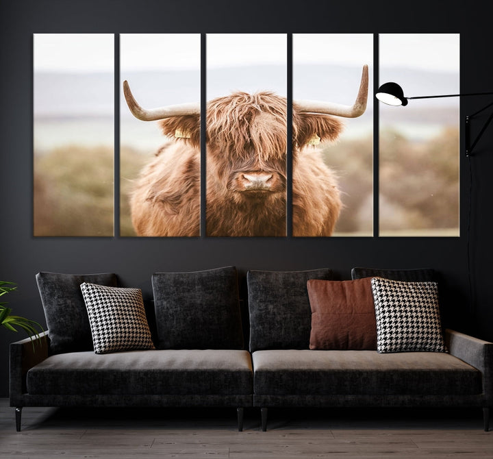 Canvas wall art featuring a Highland cow with long, shaggy fur in natural pastel tones, ready to hang.