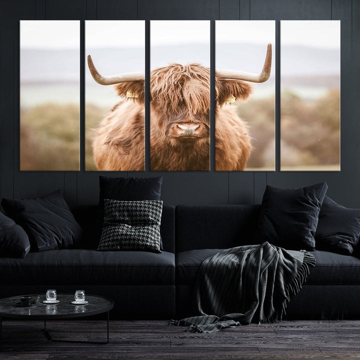 Canvas wall art featuring a Highland cow with long, shaggy fur in natural pastel tones, ready to hang.