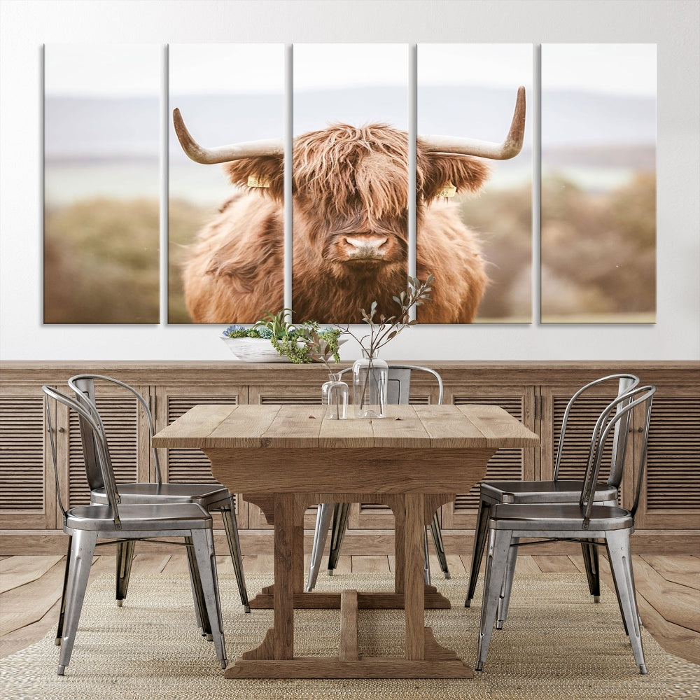 Canvas wall art featuring a Highland cow with long, shaggy fur in natural pastel tones, ready to hang.