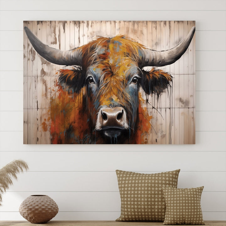 A triptych featuring the Scottish Highland Cow Cattle Art Print on a wood-style background adorns the wall, imparting rustic elegance to the room decor.