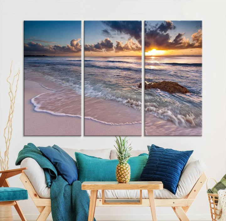 The modern living room is highlighted by a Sea Ocean Sunset Beach Wall Art Canvas Print on the wall, adding a serene coastal touch to the space.