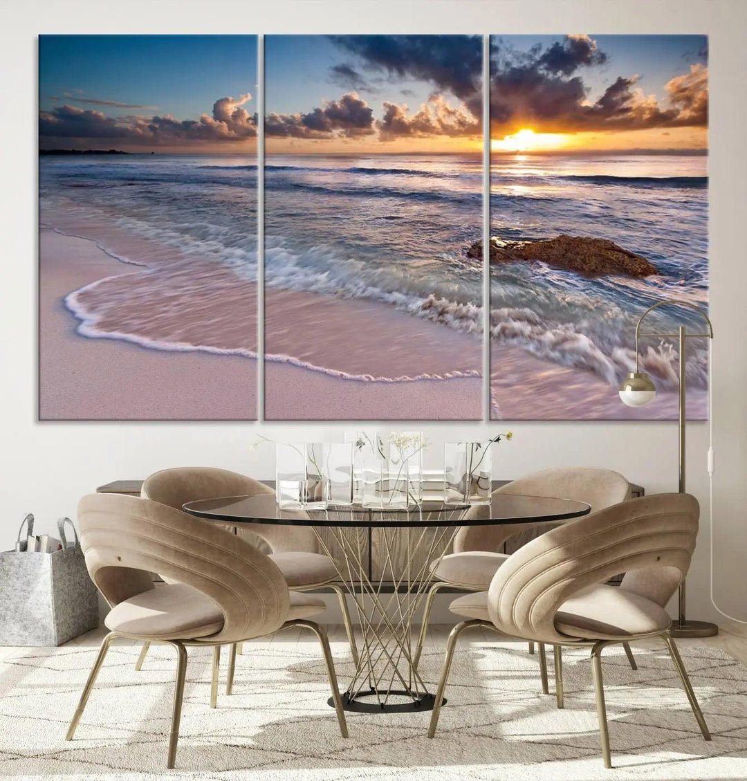 The modern living room is highlighted by a Sea Ocean Sunset Beach Wall Art Canvas Print on the wall, adding a serene coastal touch to the space.