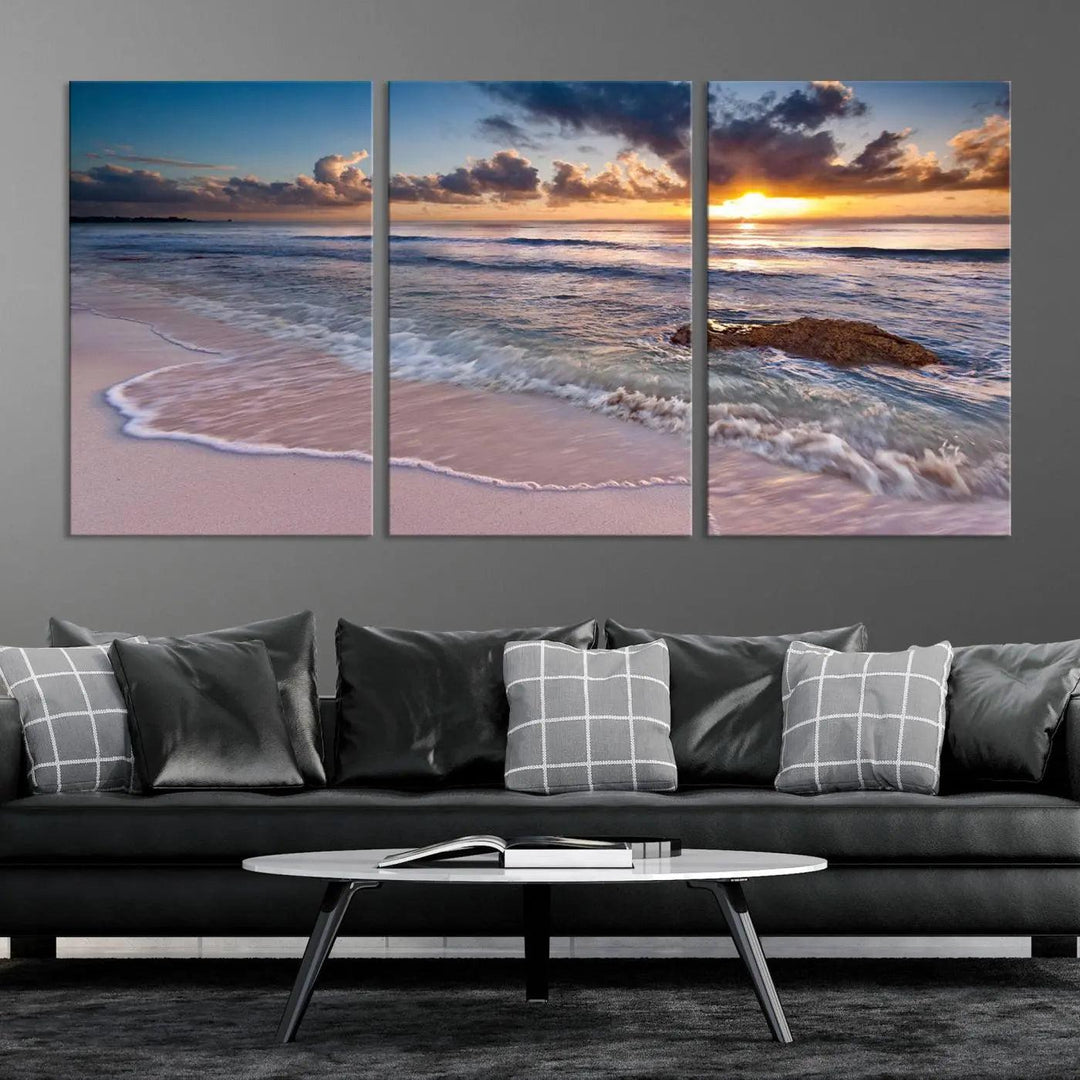 The modern living room is highlighted by a Sea Ocean Sunset Beach Wall Art Canvas Print on the wall, adding a serene coastal touch to the space.