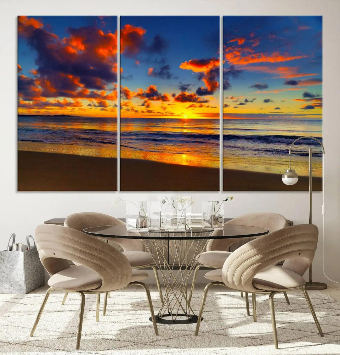 Three-panel Sea Ocean Sunset Beach Wall Art Canvas Print showcasing a vibrant ocean sunset.