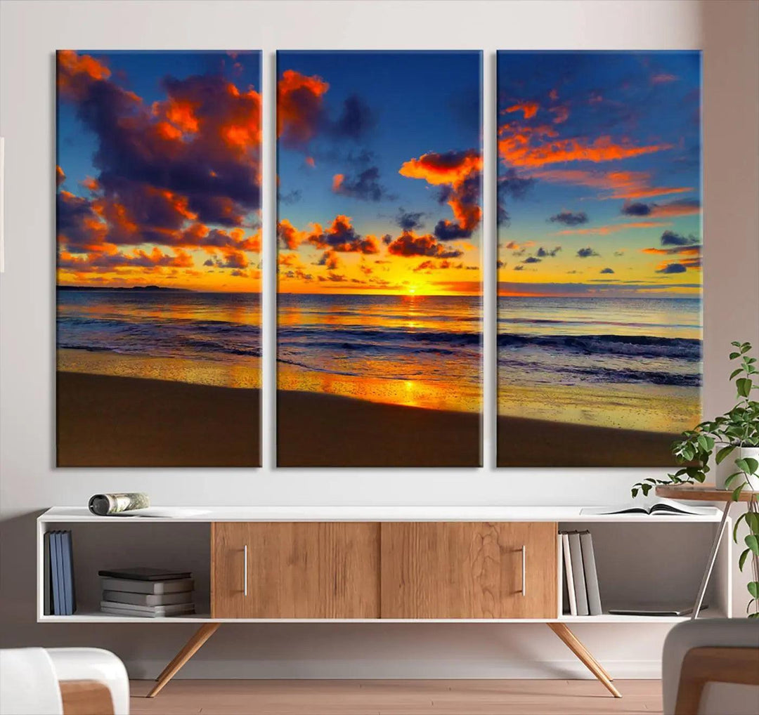 Three-panel Sea Ocean Sunset Beach Wall Art Canvas Print showcasing a vibrant ocean sunset.