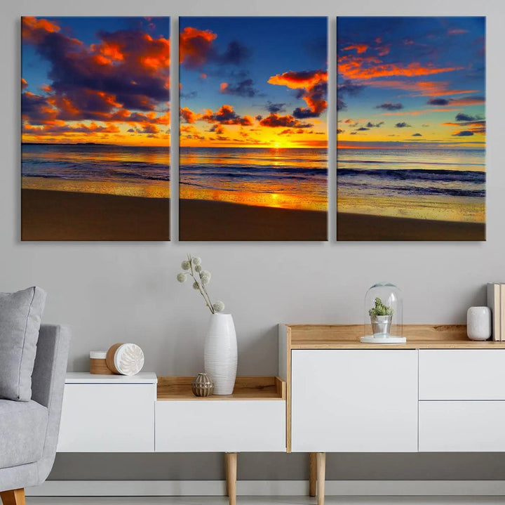 Three-panel Sea Ocean Sunset Beach Wall Art Canvas Print showcasing a vibrant ocean sunset.