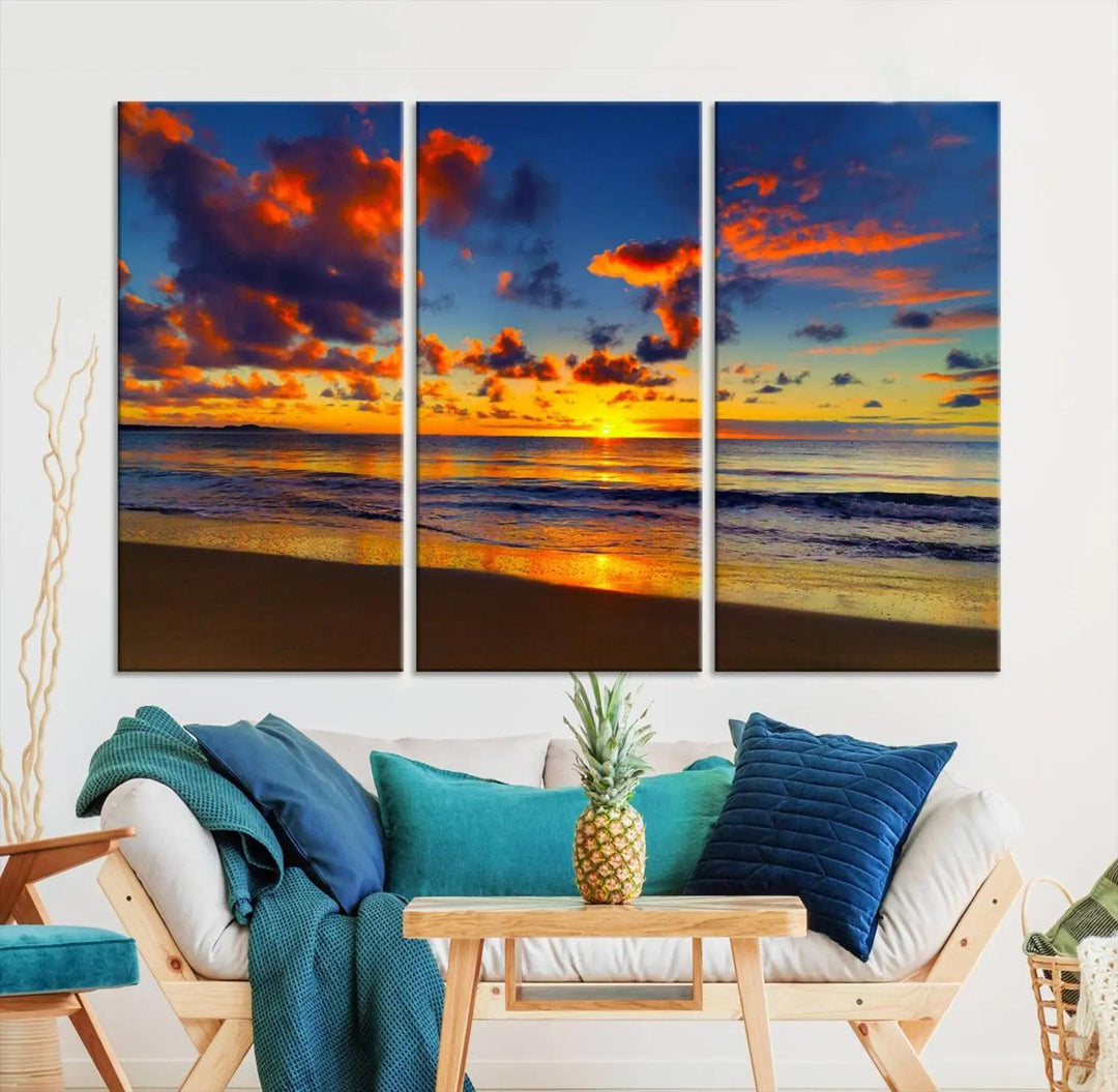 Three-panel Sea Ocean Sunset Beach Wall Art Canvas Print showcasing a vibrant ocean sunset.