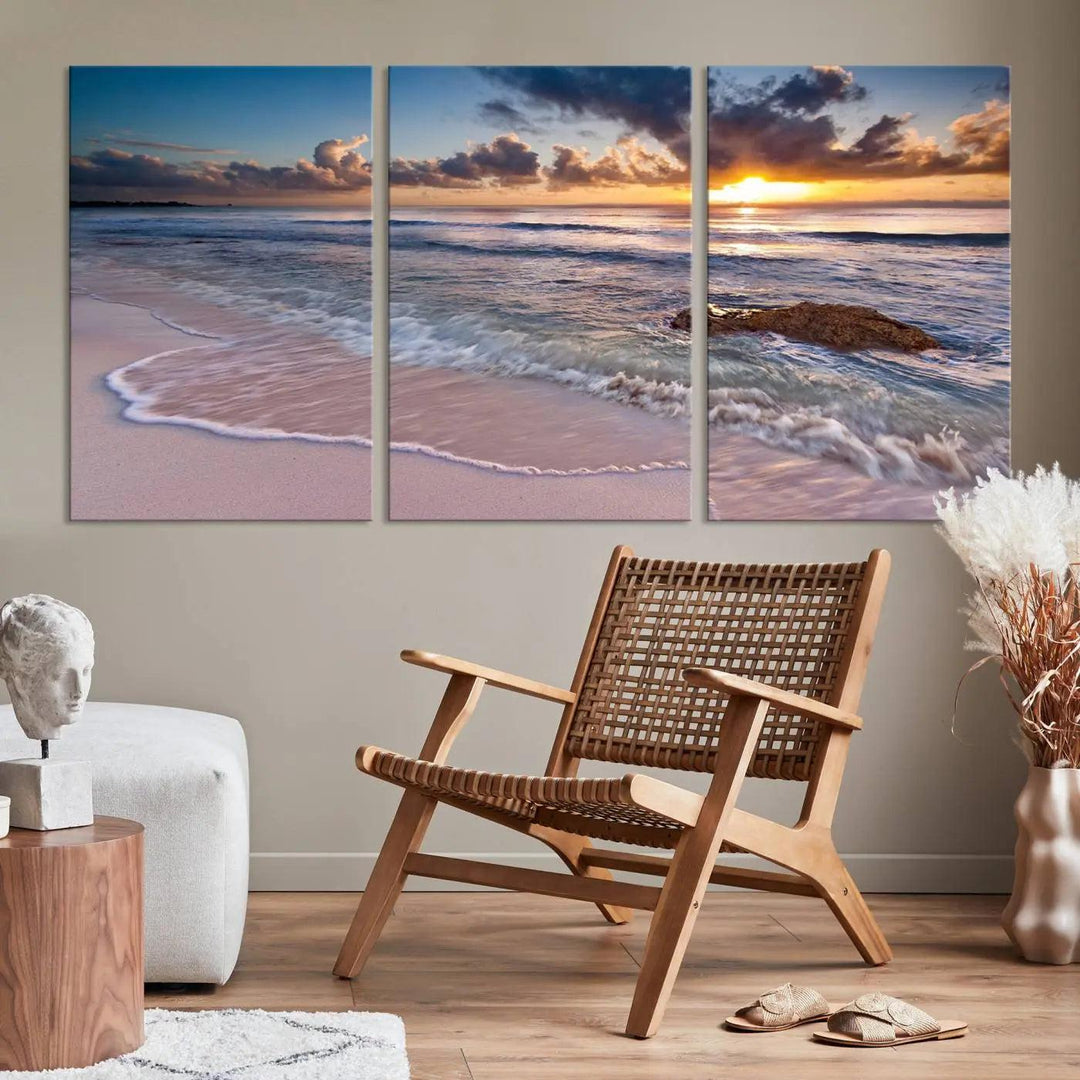 The modern living room is highlighted by a Sea Ocean Sunset Beach Wall Art Canvas Print on the wall, adding a serene coastal touch to the space.