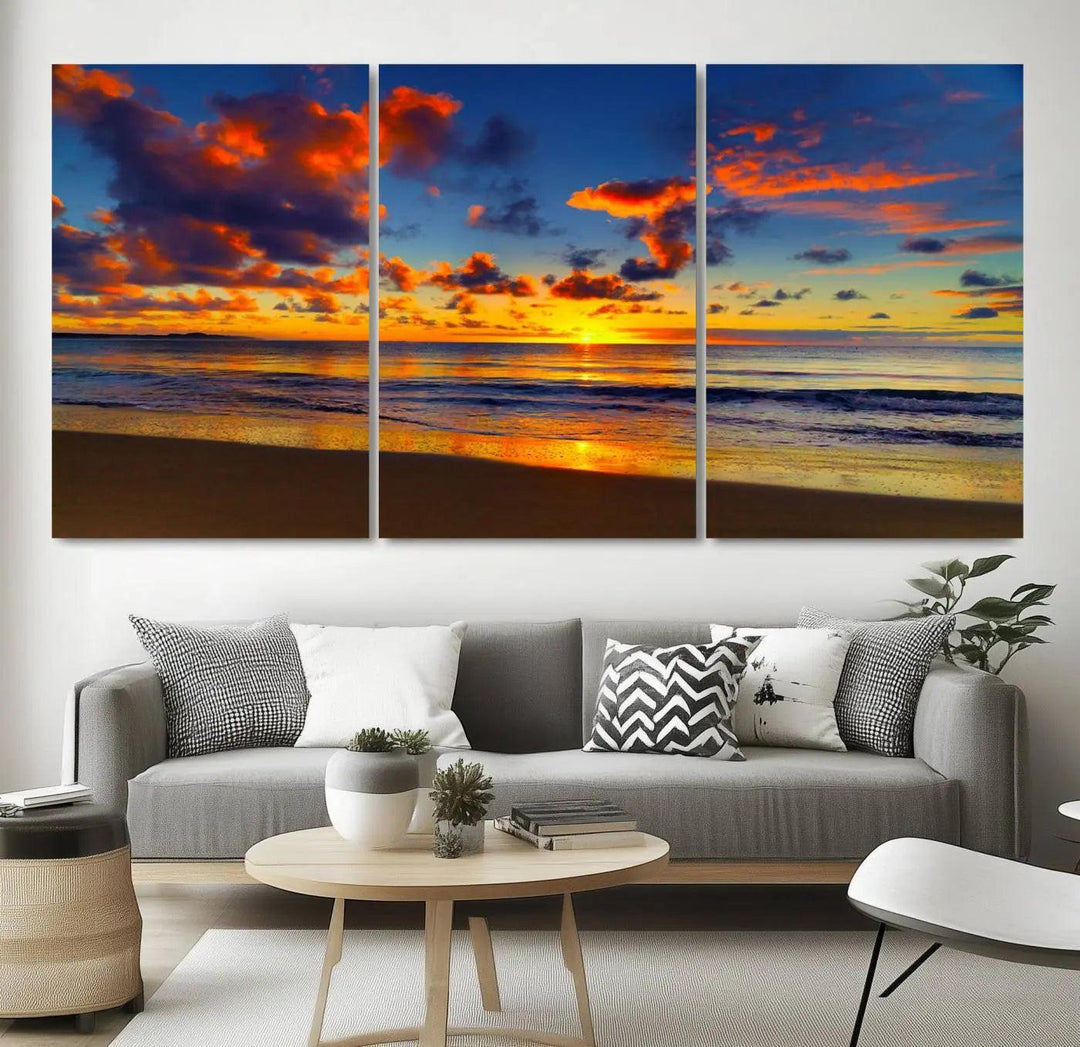 Three-panel Sea Ocean Sunset Beach Wall Art Canvas Print showcasing a vibrant ocean sunset.